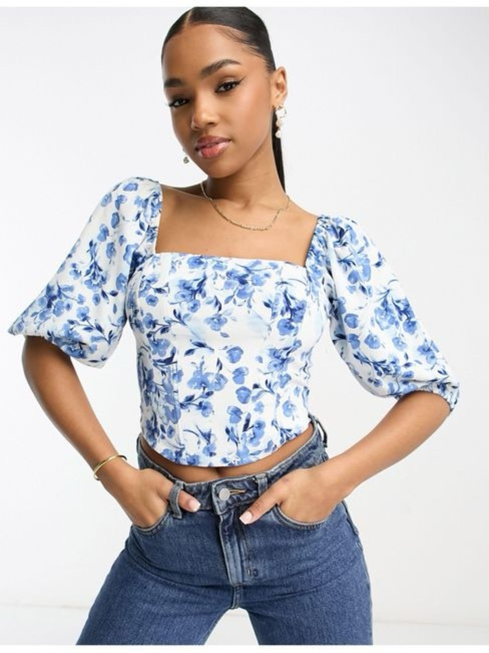 Abercrombie & Fitch Blue Floral Square-Neck Puff Sleeve Crop Top